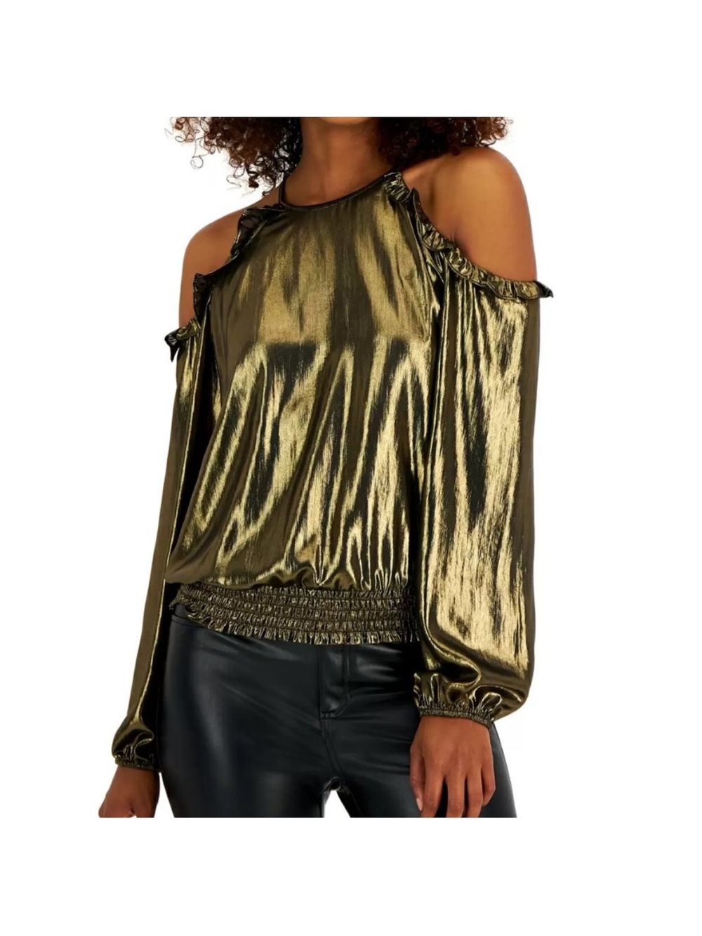 INC International Concepts Metallic Gold Cold-Shoulder Ruffle Blouse